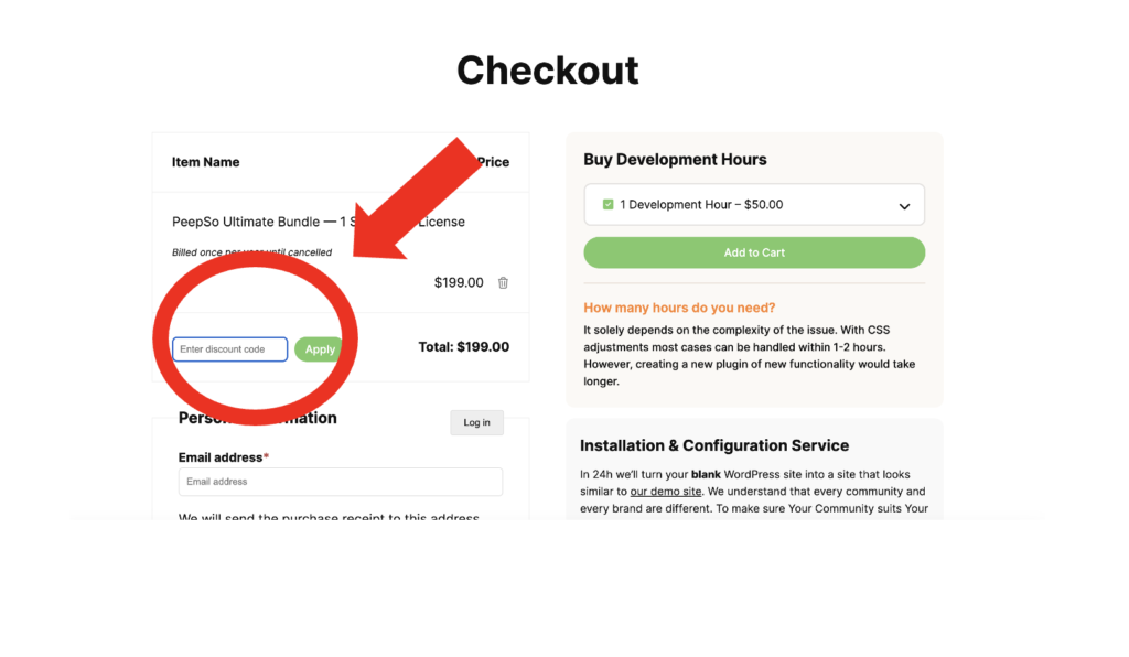 Peepso discount code checkout